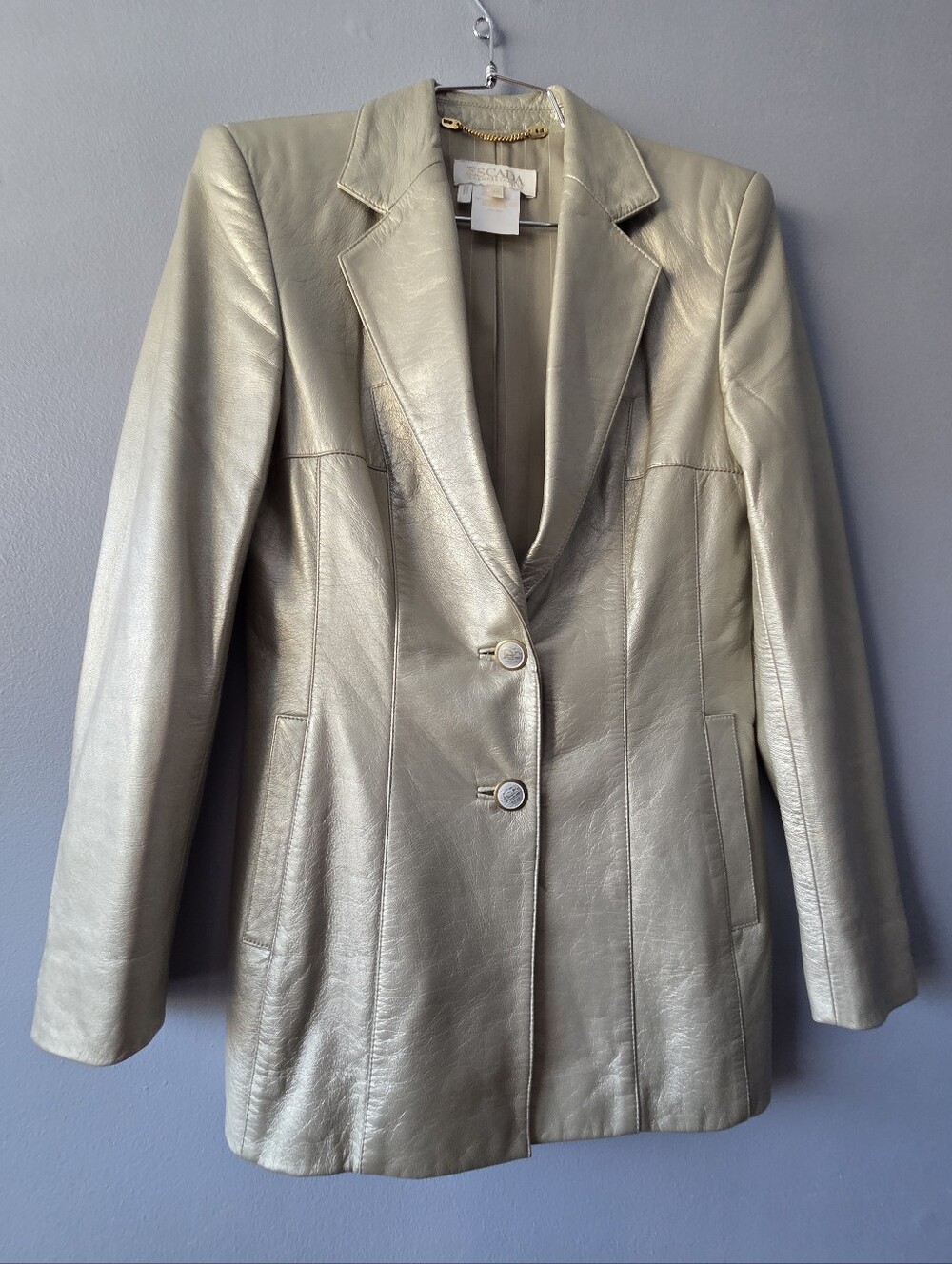 ESCADA VINTAGE SILVER METTALIC LAMB LEATHER BLAZER SIZE 34